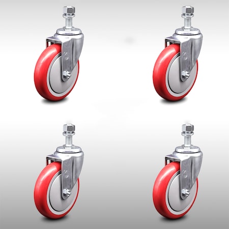 Service Caster 5 Inch SS Red Polyurethane Wheel Swivel 1/2 Inch Threaded Stem Caster Set SCC SCC-SSTS20S514-PPUB-RED-121315-4